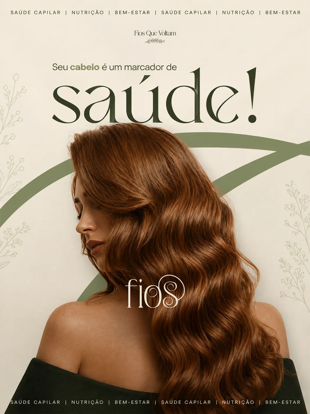 Mulher ruiva com cabelos longos e ondulados e a mensagem: seu cabelo é um marcador de saúde.