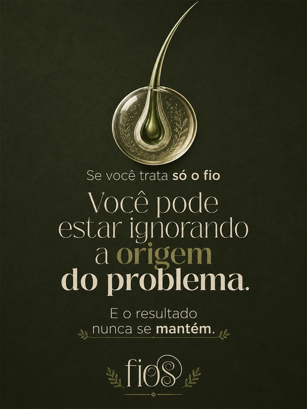 Ilustração de um fio e folículo sobre fundo verde com alerta para investigar a origem do problema.