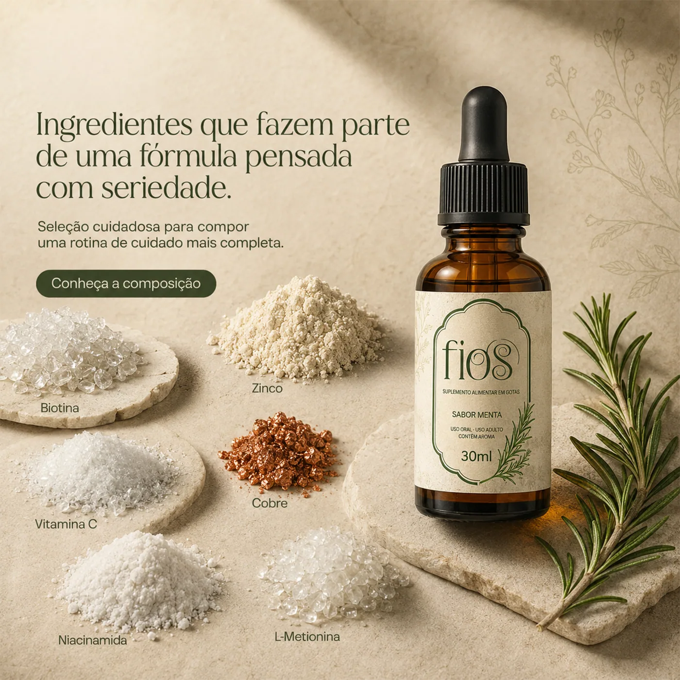 Frasco ao lado dos ingredientes da fórmula: biotina, zinco, vitamina C, cobre, niacinamida e L-metionina